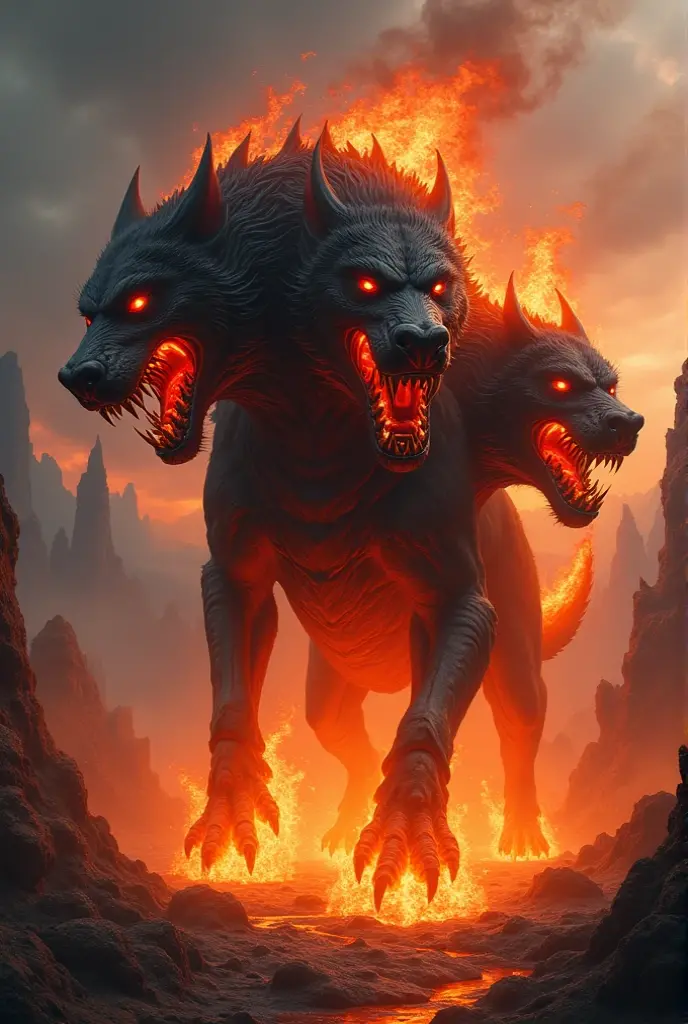 three-headed flaming cerberus with skulls
