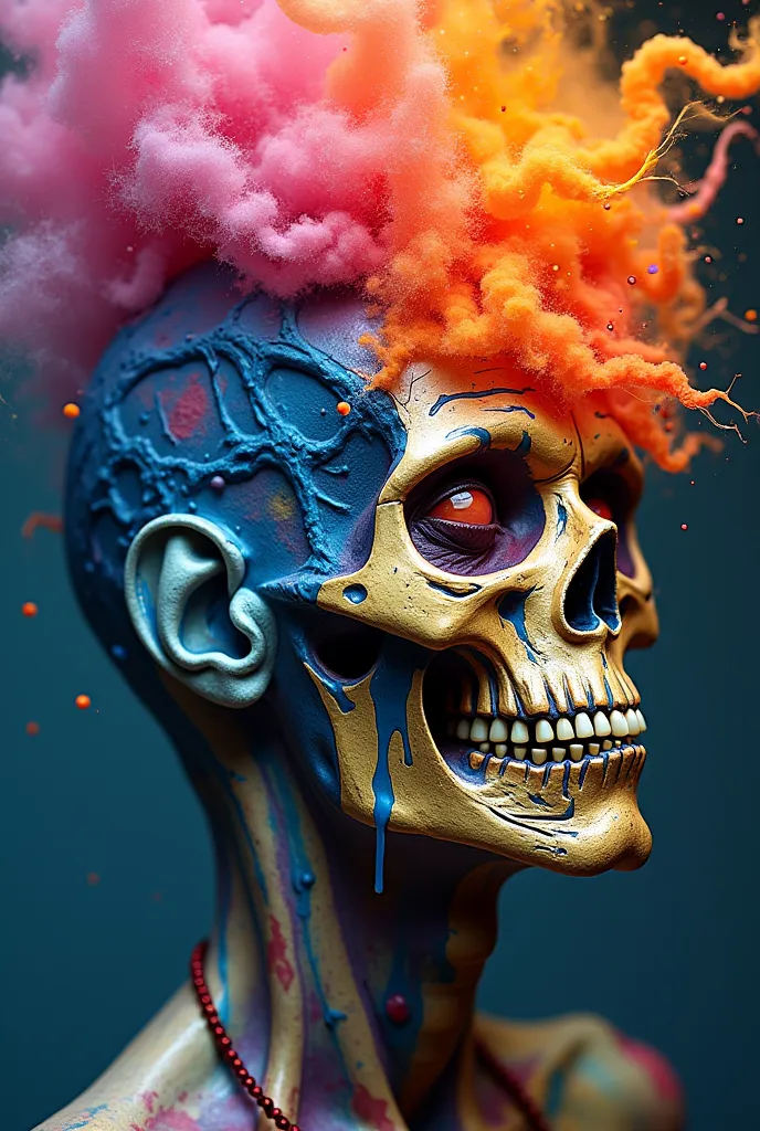 Front view representation close up full body of Metamorphosis through swirling gases, smokes, fluid, gelatinous liquid fractals, a half-asian man  and half-zombie with a colorful atypic face and a lot of colorful paint, portrait made out of paint, face sub...