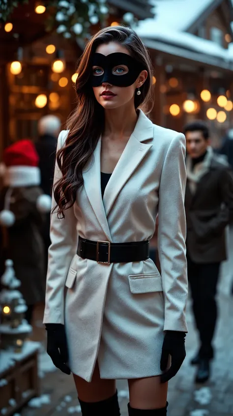 side-swept assymetric long brunette hair, blue eyes, black velvet masquerade mask, pink lips, soft blush, white blazer coat, wide black belt, black gloves, over knee black boots,  The background suggests a festive winter market or cozy European café, with ...