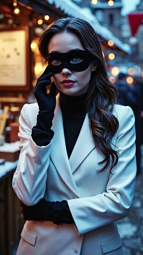 side-swept assymetric long brunette hair, blue eyes, black velvet masquerade mask, pink lips, soft blush, white blazer coat, wide black belt, black gloves, over knee black boots,  The background suggests a festive winter market or cozy European café, with ...