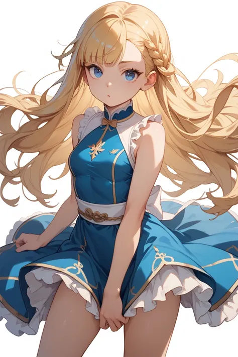 masterpiece, highest quality, Anime style, one girl, loil:0.5, petites, small breasts, standard, fair skin, straight face, white background, blonde hair, long hair, blue eyes, drooping eyes, standing, square face, street style , oblique bangs, 