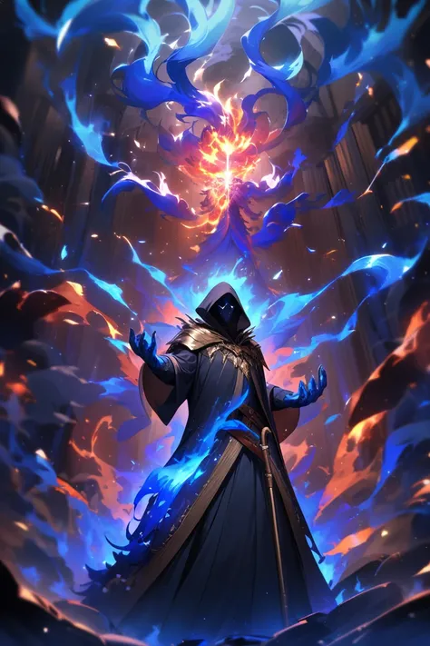 Use a tattered black cloak and hood、 skeleton、Great magic、 Ultra High Quality 、flashy、 wizard 、flashyで最高の ブルーフレイム、The background is blue flames、Blue flames on all sides