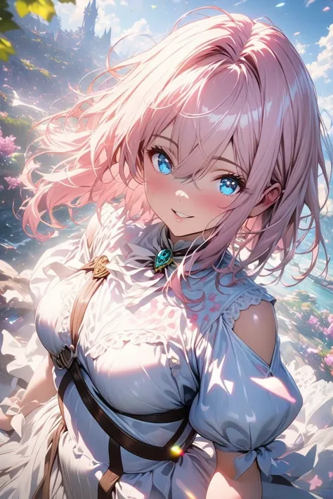 Anime-style Violet Evergarden, pink cherry blossom pattern dress is a light pink and white based princess-style dress, smile,  twinkle in both armpits, Inward curls,  shoulder length, Glittering Kyoto Animation-style anime face and Fallout-themed artwork ~...