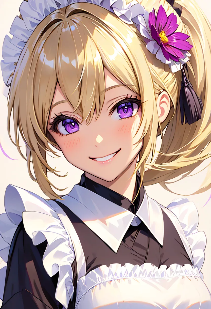 Maid, blond hair, purple eyes, smile