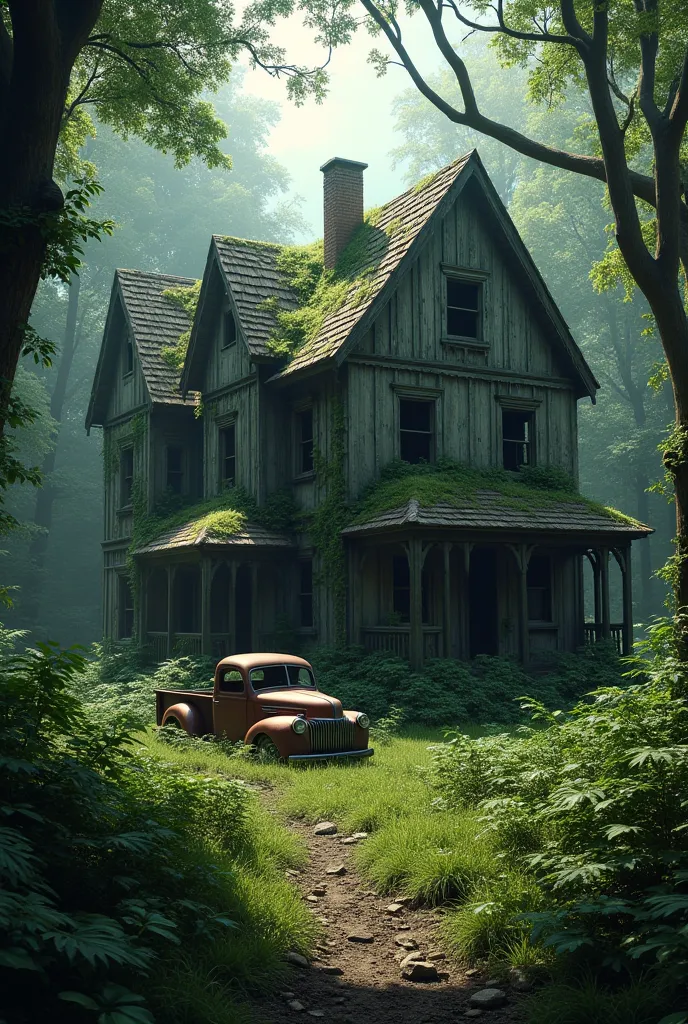 an ultra-realistic abandoned house in a forest