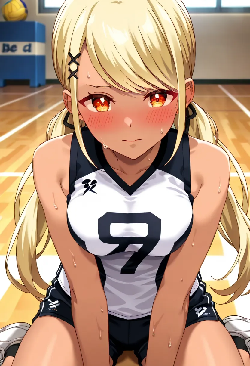 (anime screencap, masterpiece, best quality), Intricate details, indirect lighting, upper body, (Focus on the breasts), looking at viewer, sitting, full body, 1girl, medium breasts, (covered nipples:0.7), blush, be shy of,, sweat, Volleyball Uniforms, indo...