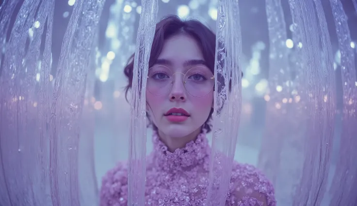 Fisheye in the foreground. Beige aesthetic blur, long exposure lights in violet. Wavy glass on the front. Behind a transparent undulating wall. This image has an avant-garde air, mixing haute couture elements. The beautiful Italian model is behind a transp...