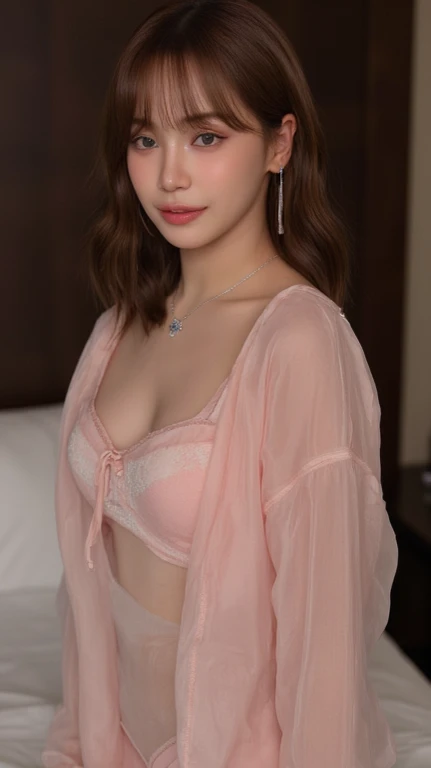 1girl, smile, seductive expression, looking at the viewer, (((sheer nightgown, split down the middle exposing navel))), sexy pose, ((8k, RAW photo, highest quality, masterpiece), High detail RAW color photo professional  photo,  (realistic, photo realism:1...