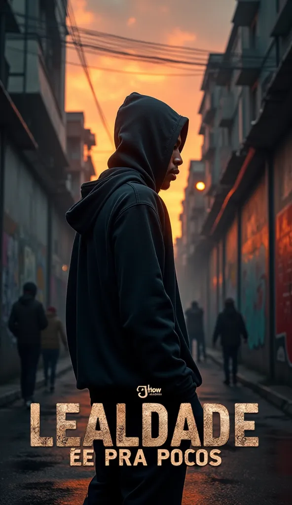 A powerful and impactful album cover representing the essence of street music, loyalty and overcoming. The image should portray a brown man, with a serious and determined expression, wearing a dark hooded sweatshirt, symbolizing the reality of the slums. H...