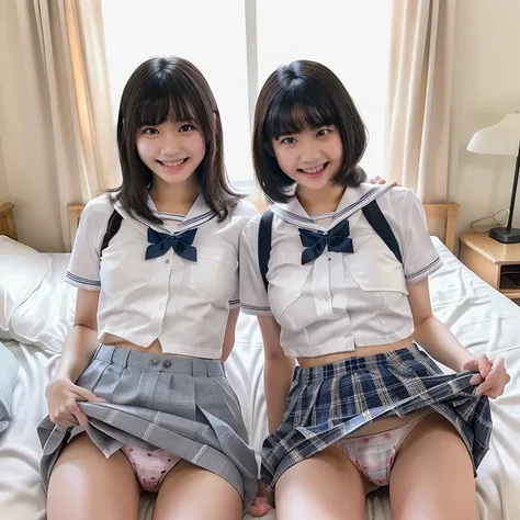  16k、high image quality、Thorough、  Greatest Masterpiece、 Two junior high school students 、     cute uniform   、 The two rolled up their  and showed off their pants、 I see beautiful breasts  、And they're wearing white panties with cute patterns、on the bed、s...