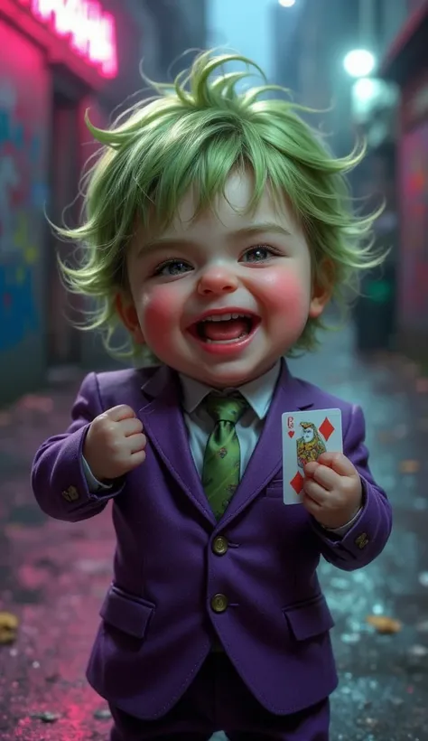 A tiny but chaotic baby with green messy hair and a wide red grin, dressed in a miniature purple suit. He holds a tiny playing card while giggling mischievously. The background features a neon-lit Gotham alley with "HAHAHA" graffiti.