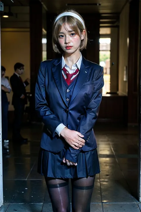 1 girl, full body photography, athletic, blonde hair, school uniform, gray cut suit jacket, Satoko, mid-short hair, wide hips, Volumetric lighting, best quality, masterpiece, intricate details, tone mapping, Sharp focus, hyper detailed, trending on artstat...