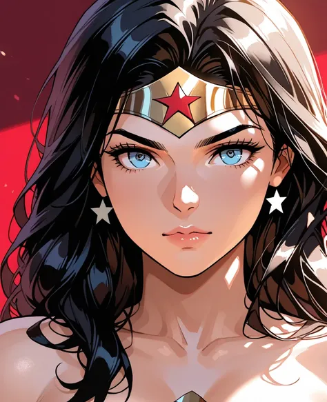 a beautiful woman with short blond hair, wearing like wonder woman behind point of view closeup 