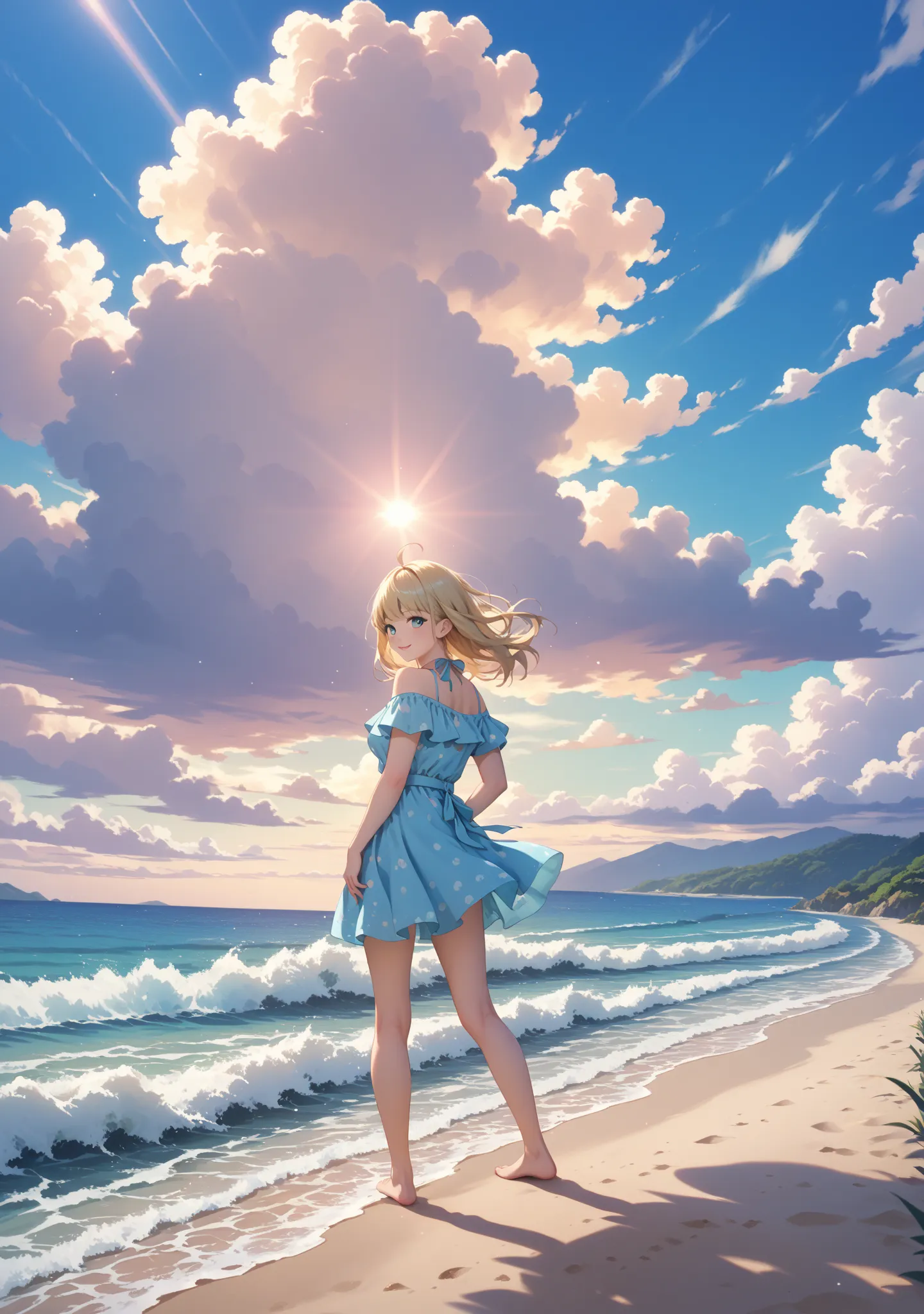  seascape、 sandy beach、 clear、 scenery only、anime style、summer、Clear skies