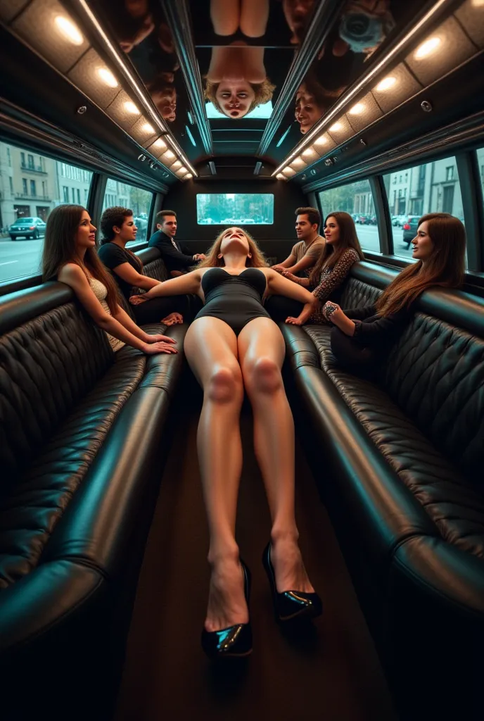 The scene is set inside a long, luxurious limousine, its interior lit by soft, ambient lighting. The limo is spacious, with plush leather seats and a mini-bar, but it feels cramped due to the presence of an extremely tall woman lying on the floor in the ce...