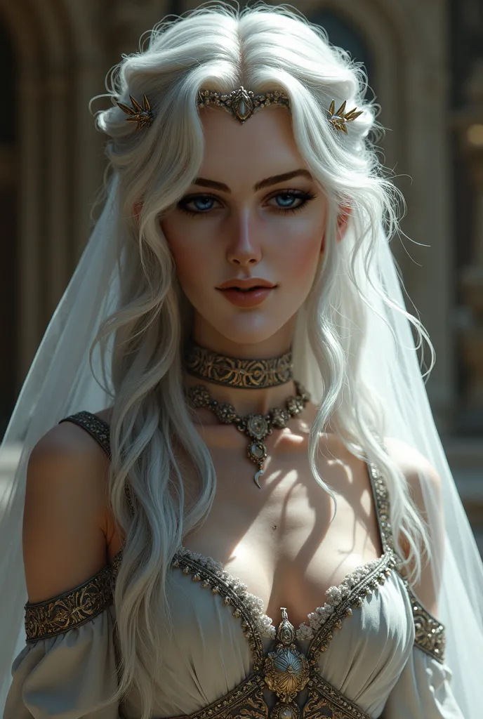 A silver haired medieval princess, veils, collar, forehead chain, septum piercing, shoulder strap