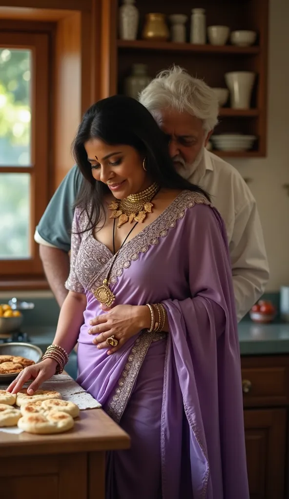 Full body image, side view Full body image, indian hourglass body, Indian medium plus sized 25 year old Telugu daughter in-law syamala making roti in kitchen, lovely face, mouth slightly open,, suductive smile, partially closed eyes, large swooping breasts...