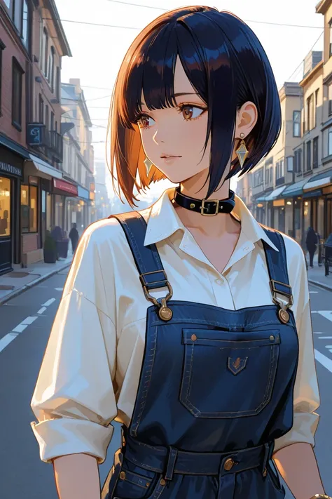 boyish beauties in Bottoms Street、short bob、white check shirt with black collar、bracelets and accessories such as earrings、Bottoms、 city background