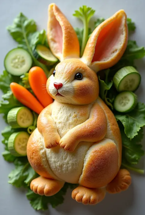 Sandwich bread in the shape of a hare with cucumber, carrot and salad