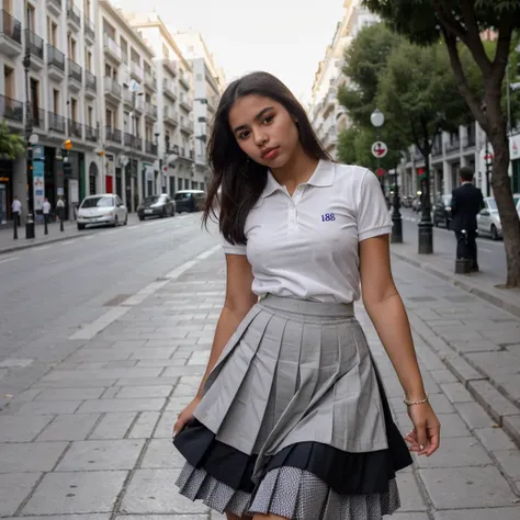 beautiful peruvian girl, wearing a white polo shirt and a grey pleated skirt, big lips, 18 years old, in a street of Madrid