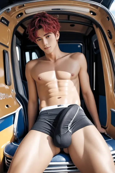 Masterpiece, accurate, anatomically correct, highly detailed, textured skin, super high resolution, one boy, Japanese male, 18 years old, short hair, red hair, messy hair, toned body, nice six pack, solo, sexy, sexy positions, ((score 9, score 8_up, score ...