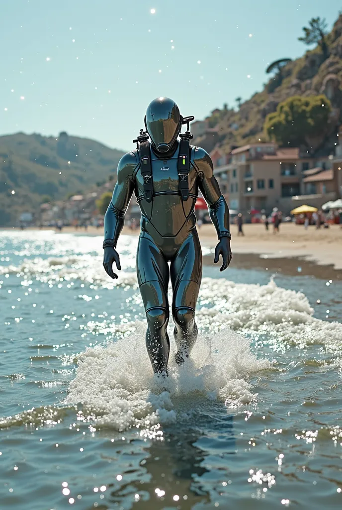 Man walking from sea to seaside by scuba suit but upside is naked