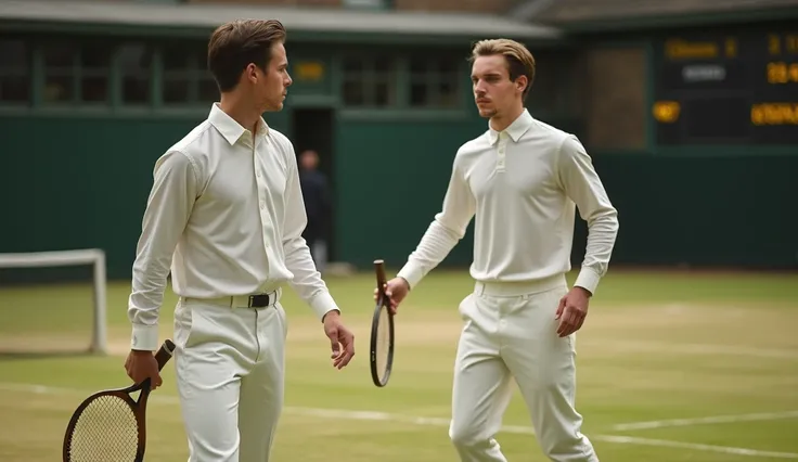 Oxford University the year 1902, Edwardian times, Tennis court.Prince Henry( eighteen years old His dark hair is neatly combed and styled in the Edwardian fashion, parted at the side and slicked Shirt: He wears a high-collared white tennis shirt, made from...