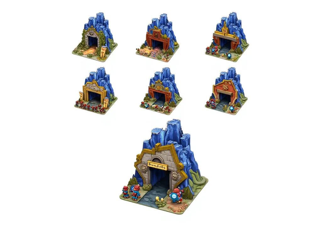 a close up of a small set of blue figures on a white surface, small buildings, mountain fortress city, mining outpost, dwarven architecture, isometric 3d fantasy, fantasy building, isometric game asset, ingame image, intricate mine, underwater crystal cave...