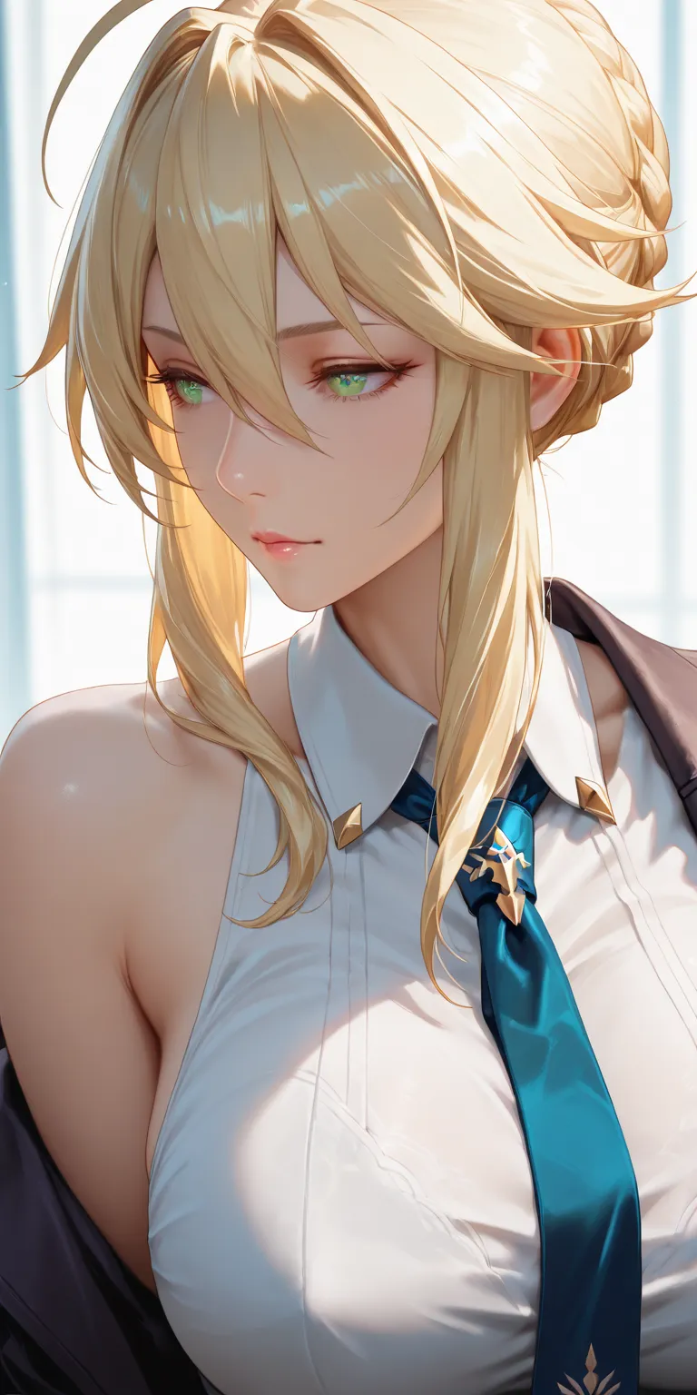 Masterpiece, very aesthetic, vibrant, high contrast, high resolution, ultra detailed, elegant mature woman, milf, artoria pendragon (lancer) (fate), curvaceous, upper body, tie, sleeveless collared shirt, jacket, side boobs, soft light, best quality, honka...