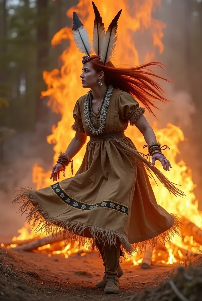 Crazy Redhead Indian Girl, who is 20 years old, from the Red Tribe, with plumage on the head, dances to the embers of a burning scarecrow for Maslenitsa on the lit
Polyana. The scarecrow is burning. girl looks at me