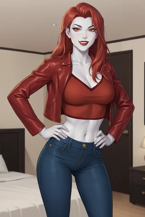 PonyXLV6_Scores BREAK (perfect anatomy, perfect eyes), BREAK mgann morzz, long hair, red hair, colored skin, frost white skin, orange eyes, makeup, dark red lipstick, ((looking at viewer)), superhero, red crop top, red leather jacket, red jeans, curvy, ath...