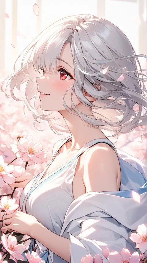 （Highest quality)、beautiful woman under hoodie（ red eyes）cute要素。beautiful woman under hoodieの顔、Shy expression、 Silver Hair、 Red、smile（ closes one eye、Looking up）、 Superb Woman 、cute巫女姿の少女、 surrounded by beautiful petals、 One Eye Covered with Hair 、One pers...