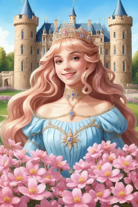 a beautiful young woman in a blue dress in front of a castle, portrait of the princess,  smiling like a fairy queen , Adorable Languid Princess , portrait of princess, Beautiful Princess feminina, portrait of a princess, portrait of a princess, (( a beauti...