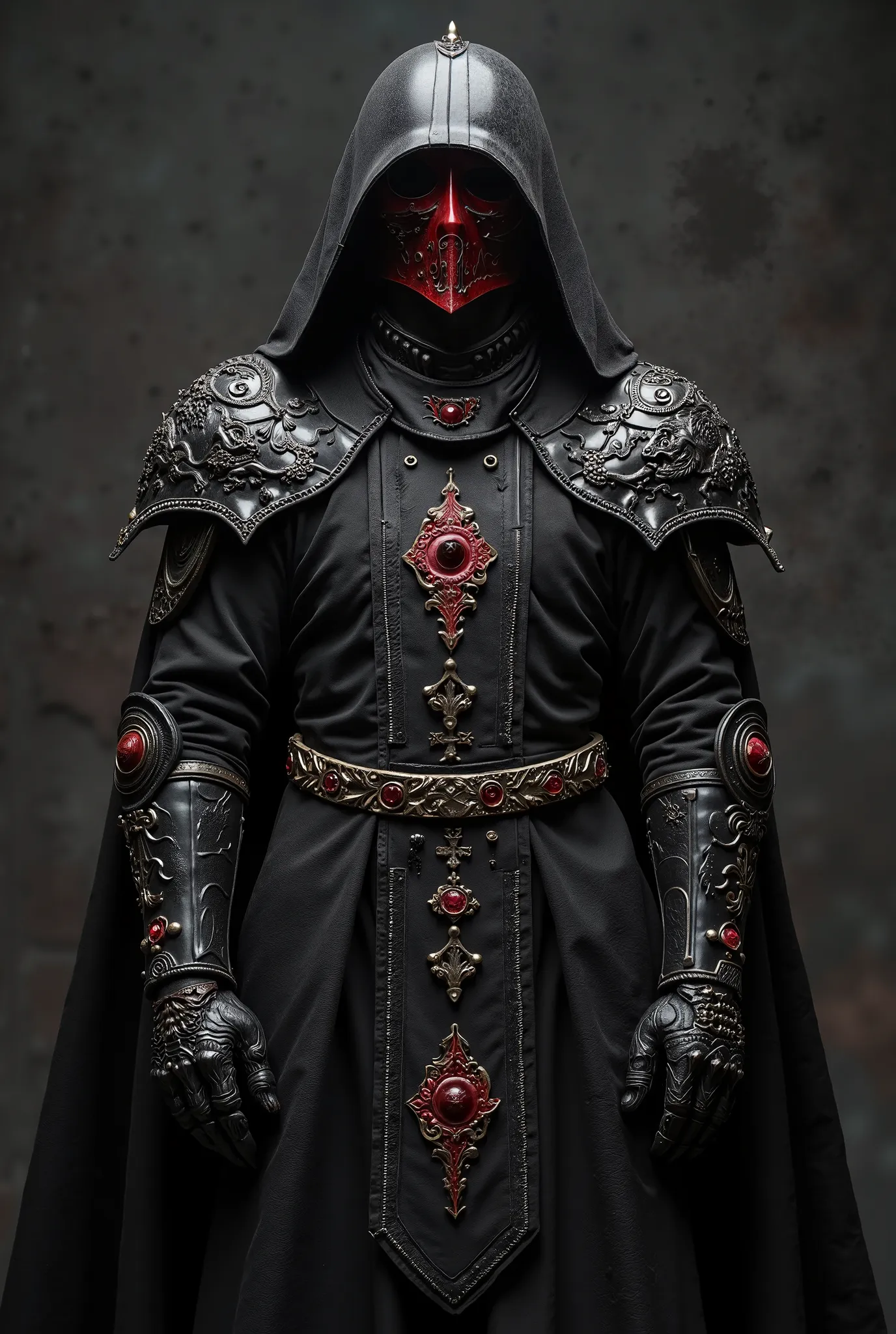 I want a gothic style picture with a black color cape, wearing black color armor and with central asian Turkish style wolf motifs on the armor, on the head of darth vader's helmet Central Asian Red color helmet wearing black color helmet, with a dark bshr ...