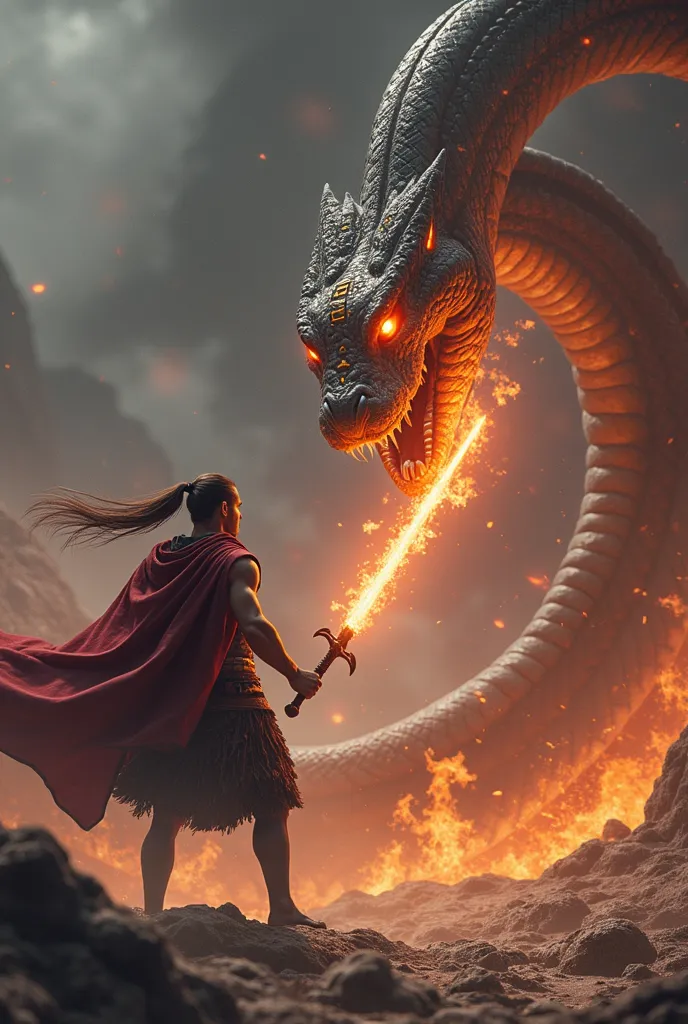 A man fights against a snake and this snake has the letters INDH written on its forehead in fire , THE MAN HAS A FIERY SWORD IN HIS HAND