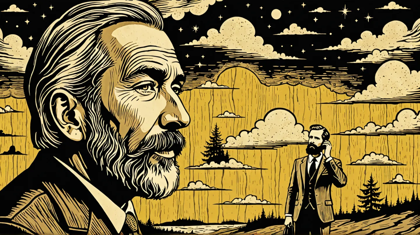 Create a rustic woodcut style image digital art surreal, using only black, beige, and yellow colors.

 a man with a beard and a suit holds his hand to his ear, ears are listening


The image conveys a feeling of being a dream.

