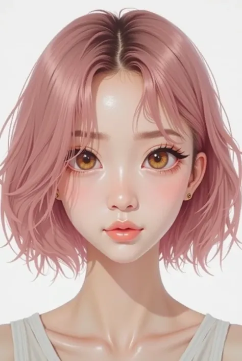 The image shows a real person with very long and straight pink hair with an Asian hairstyle and light brown eyes,  slanted eyes, with a shy personality, Korean and Latin nationality, Show the pure face from the front and the background is white, without ac...