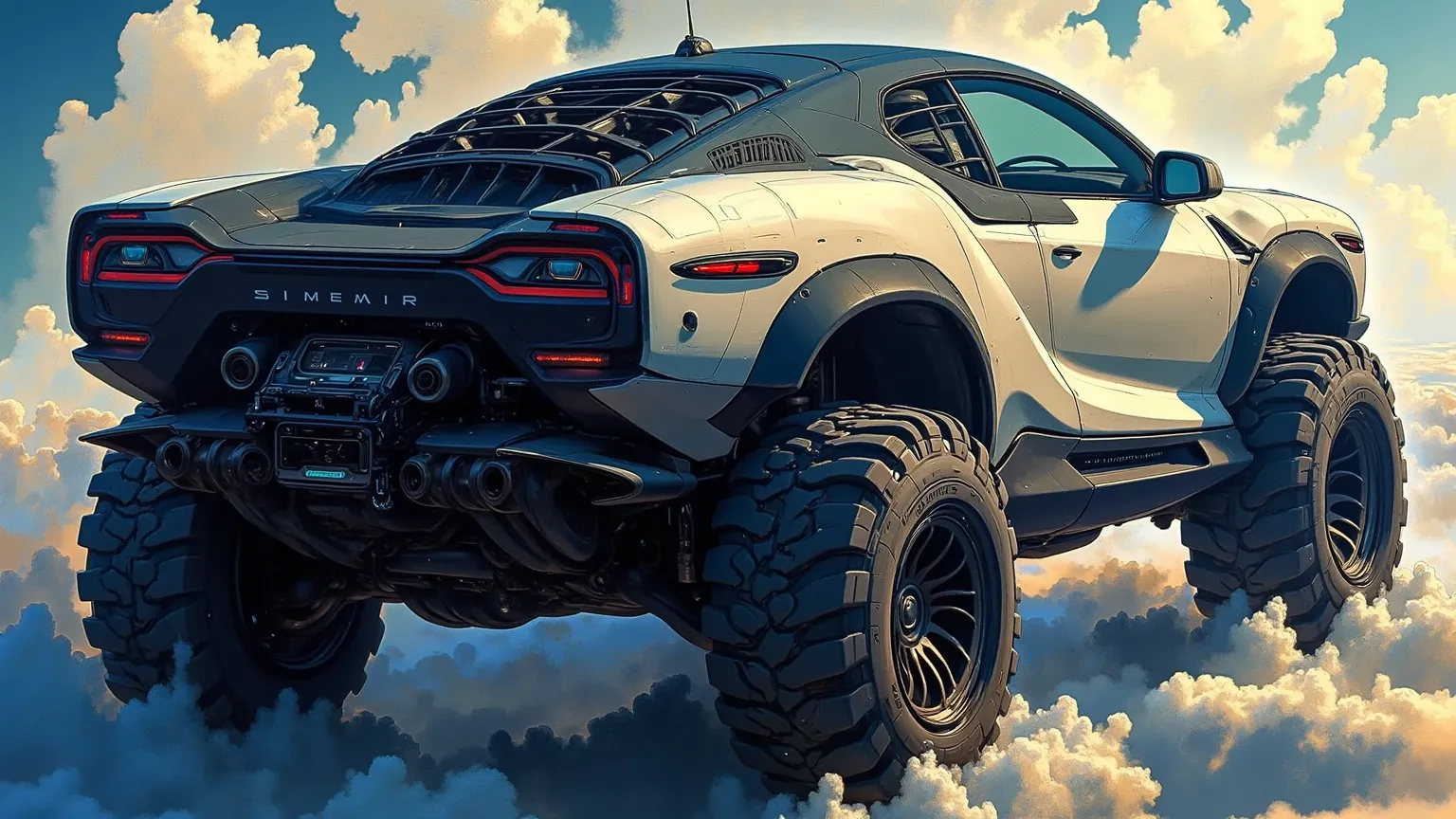 The vehicle in the image appears to be a striking concept or custom model from Tesla, likely designed for off-road capabilities given its rugged tires and aggressive styling. The bold back grille and prominent wheel arches enhance its robust appearance. Su...