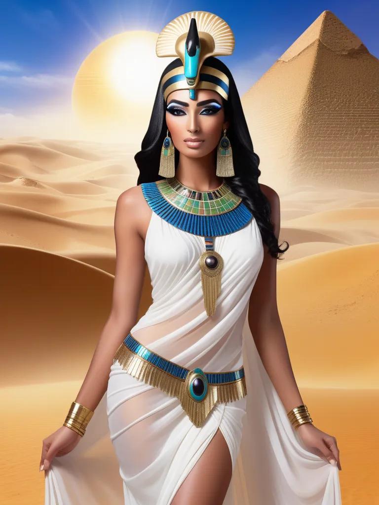 photograph of the goddess Isis, ornate, Egypt, intense exotic face, mystical aura, dust, debris, tanned skin, Ankh, Black Eyeliner, black hair, clothing transparent white silk sheath dress, solar disk and cowâs horn headdress, beauty, with desert pyramid...