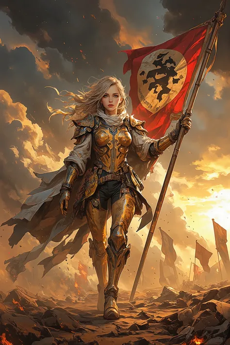 A high-resolution digital painting of a beautiful female soldier marching forward heroically, holding a massive flag that billows powerfully in the same direction as her flowing hair and tattered cape, all swept up by the strong wind. She wears intricately...