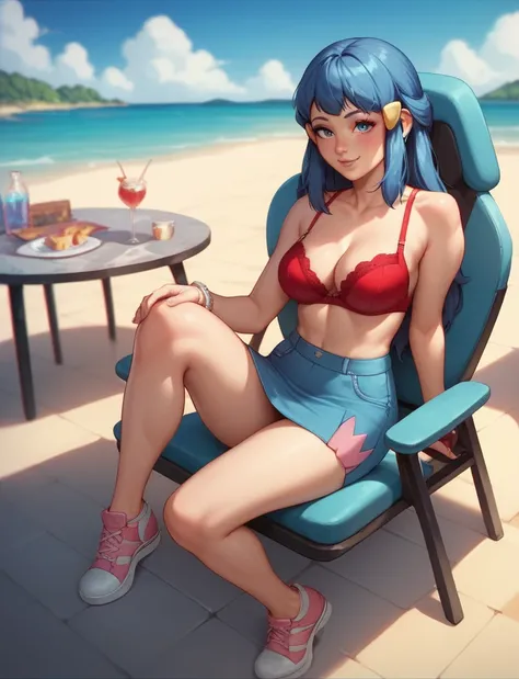 Dawn Pokemon who is 18 years old, with teardrop chest,  with an hourglass body type , full body, the clothes are a red bra and a blue mini skirt that has smooth legs, that you are sitting in a chair looking from the front and that your legs are open and th...