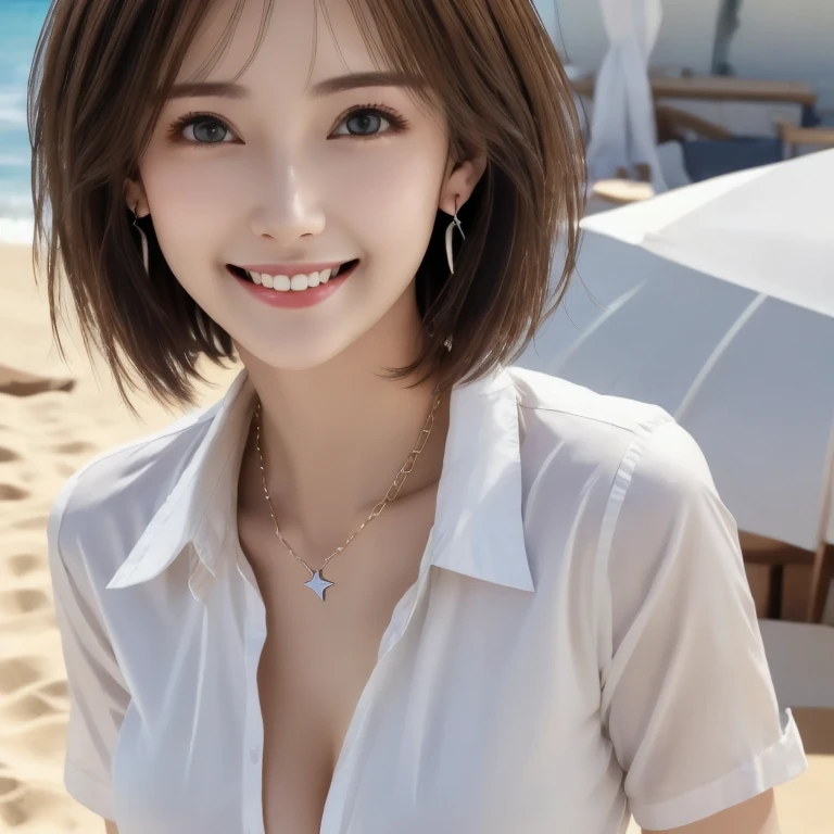 ((Highest quality)), ((masterpiece)), ( exhaustive), ((Highest quality))、born、4K、High Resolution、smile、perfect face,  Japanese、30 years old、woman、 short hair、bob hair、star earrings 、necklaces、light brown hair、big breasts、Chest、perfect anatomy、Body Based on...