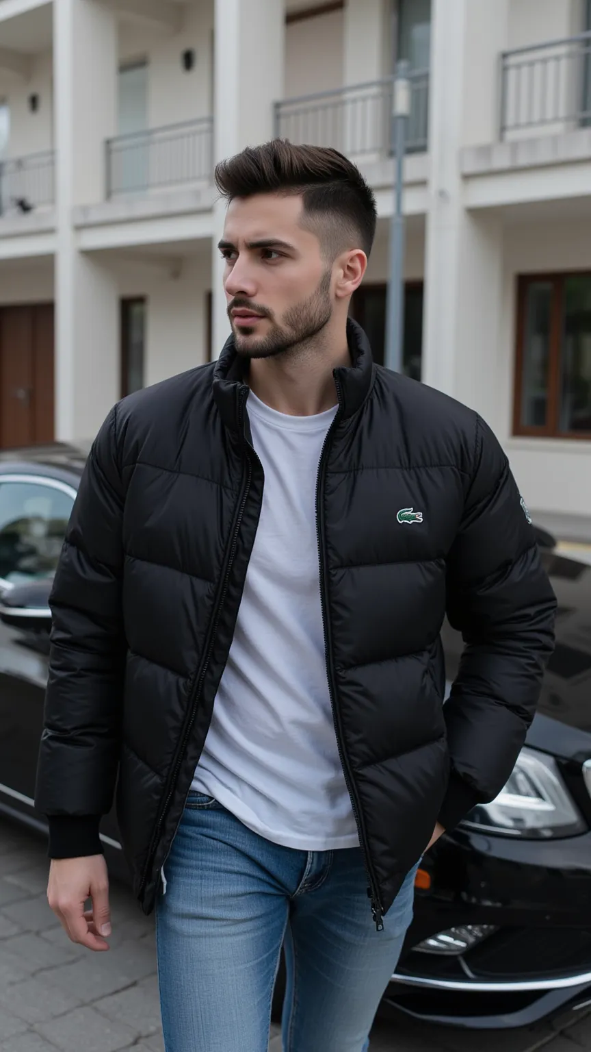 a handsome young turkish guy with muscle, dark short hair fade and goatee he wearing a white tshirt and a black lacoste glossy pufferjacket and a loose jeans he is in a mercedes s coupe in black amateur photo random picture 