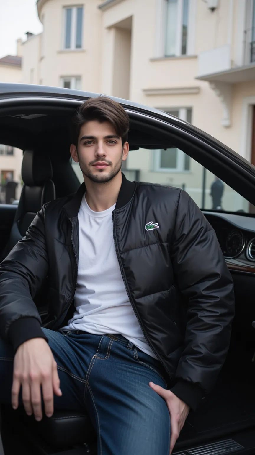 a handsome young turkish guy with muscle, dark short hair fade and goatee he wearing a white tshirt and a black lacoste glossy pufferjacket and a loose jeans he is in a mercedes s coupe in black amateur photo random picture 