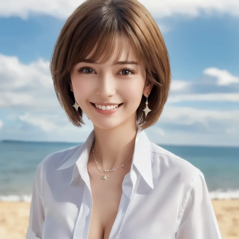 ((Highest quality)), ((masterpiece)), ( exhaustive), ((Highest quality))、born、4K、High Resolution、smile、perfect face,  Japanese、30 years old、woman、 short hair、bob hair、star earrings 、necklaces、light brown hair、big breasts、Chest、perfect anatomy、Body Based on...