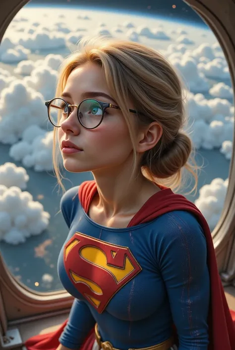 CUTE INNOCENT FACE, HAIR UP AND WEARING GLASSES STARING DOWN AT EARTH FROM SPACE (A SEXY 17-YEAR-OLD BLONDE FEMALE AS SUPERGIRL) A highly detailed and ultra-textured 8K high-resolution image of an iconic 1980s Supergirl costume. The outfit consists of a vi...