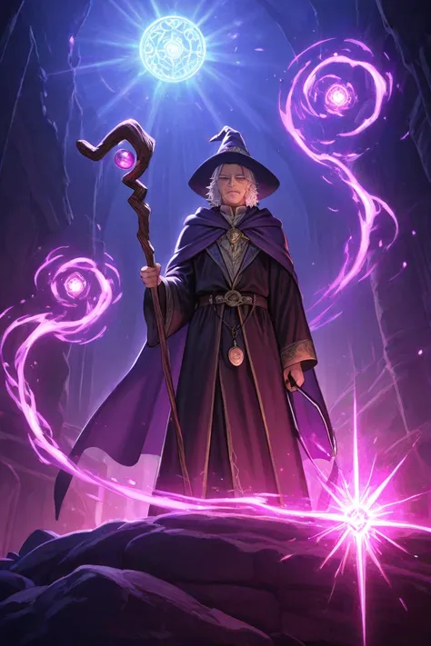 a  , simple clothes, holding a Staff in his hand,  conjuring magic, beautiful, epic