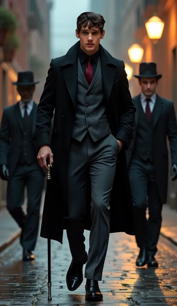 Tyler Galpin walking down a dimly lit cobblestone street, wearing a perfectly tailored charcoal-gray three-piece suit with subtle silver pinstripes. His vest is made of silk, and he wears a black dress shirt with a dark crimson tie. A long black trench coa...