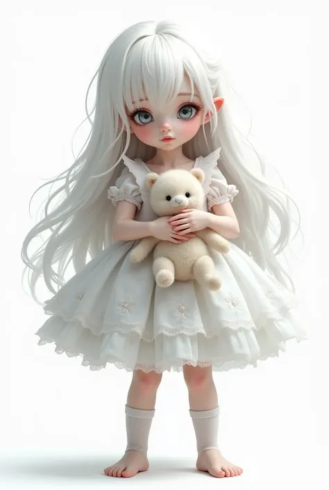 1 girl, High Resolution, Highest quality,  long hair, White Hair,  quick, droopy eyes,  big eyes､ pale blush, Round eyes, big sparkling eyes,  red eyes､I'm wearing a white ruffle baby doll､Ruffles and lace motifs､angle from the front､sparkling eyes､ stuffe...