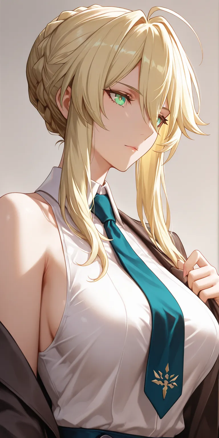 Masterpiece, very aesthetic, vibrant, high contrast, high resolution, ultra detailed, elegant mature woman, milf, artoria pendragon (lancer) (fate), curvaceous, upper body, tie, sleeveless collared shirt, jacket, side boobs, soft light, best quality, honka...